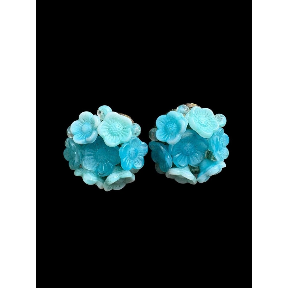 Vintage Germany Blue Glass Flower Cluster Clip On Earrings Mid Century - Picture 5 of 7